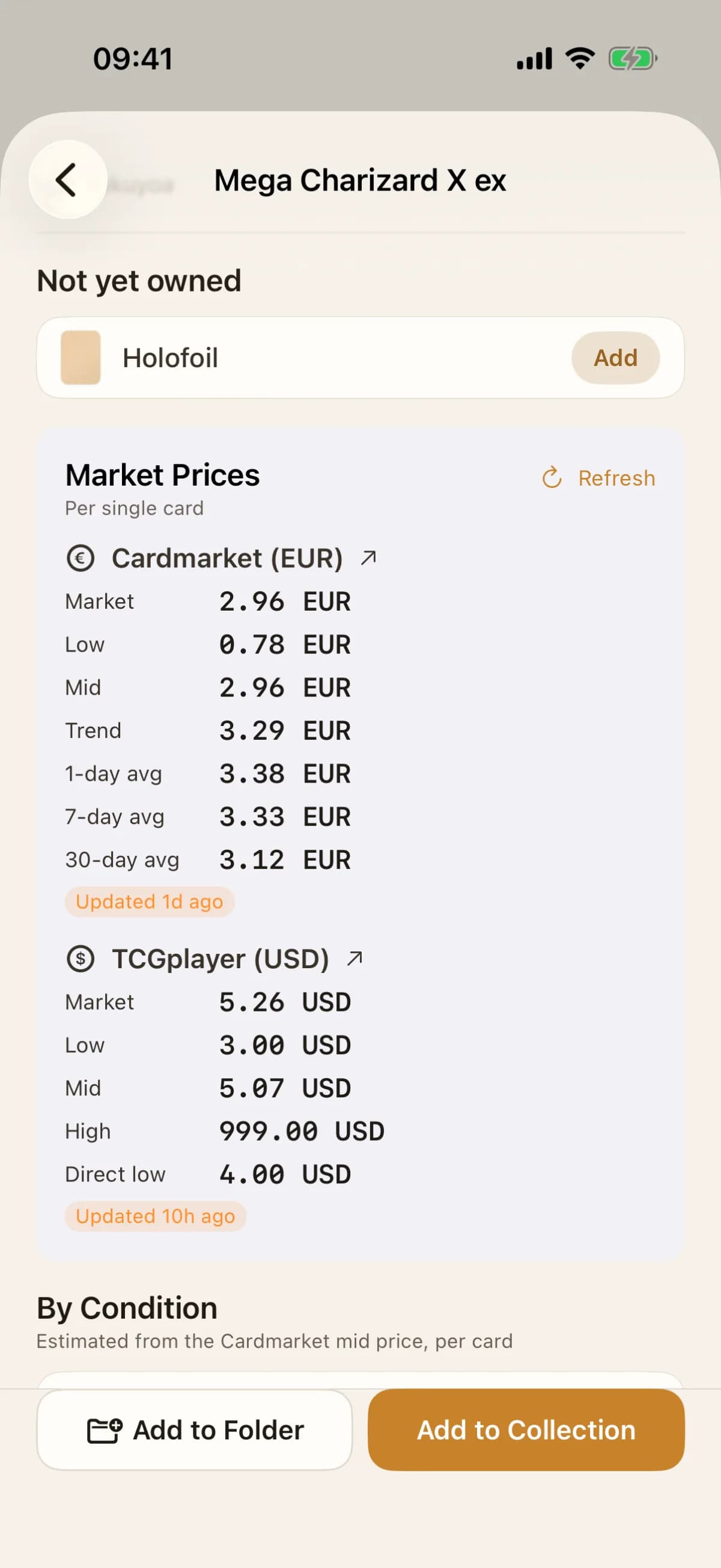 FoilVault card detail with CardMarket and eBay prices