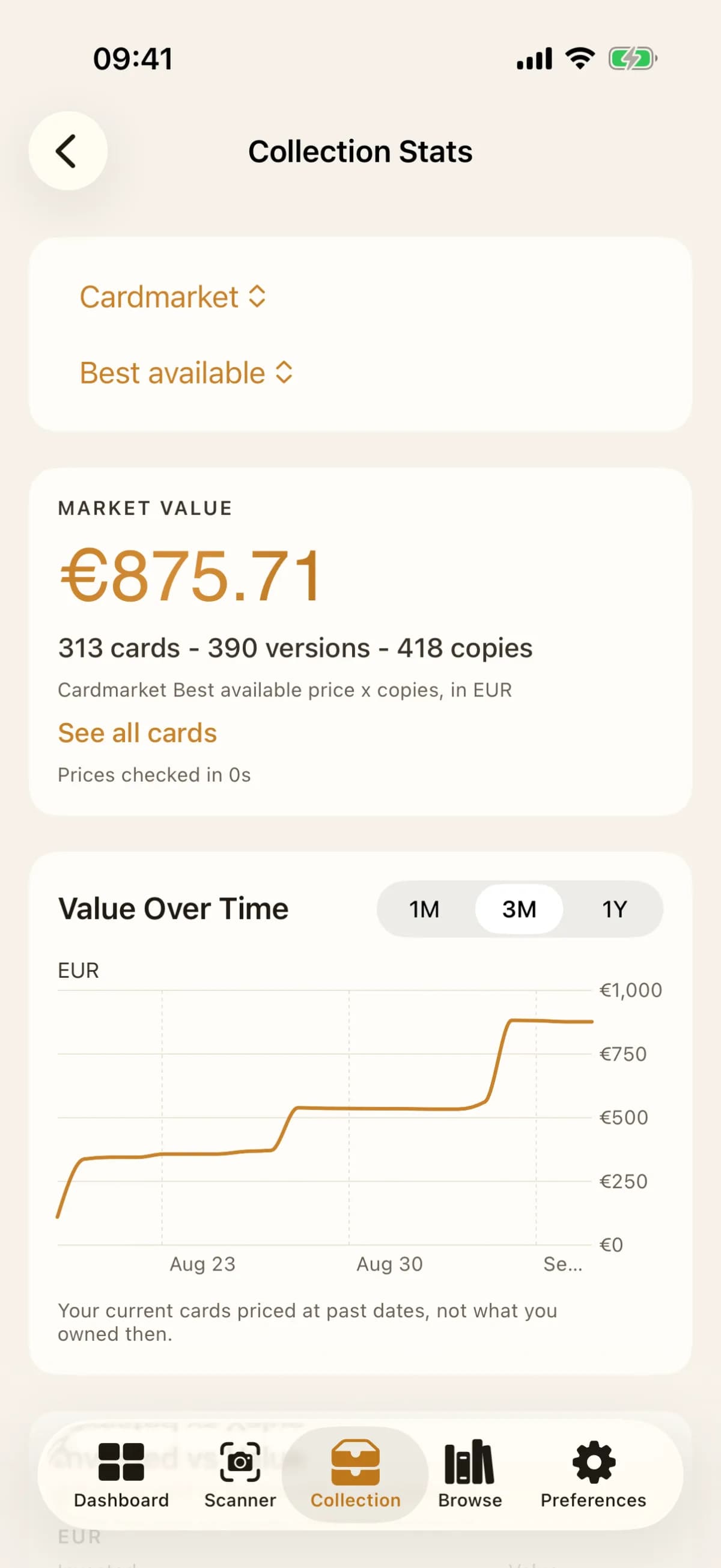 FoilVault collection stats with value over time and top holdings
