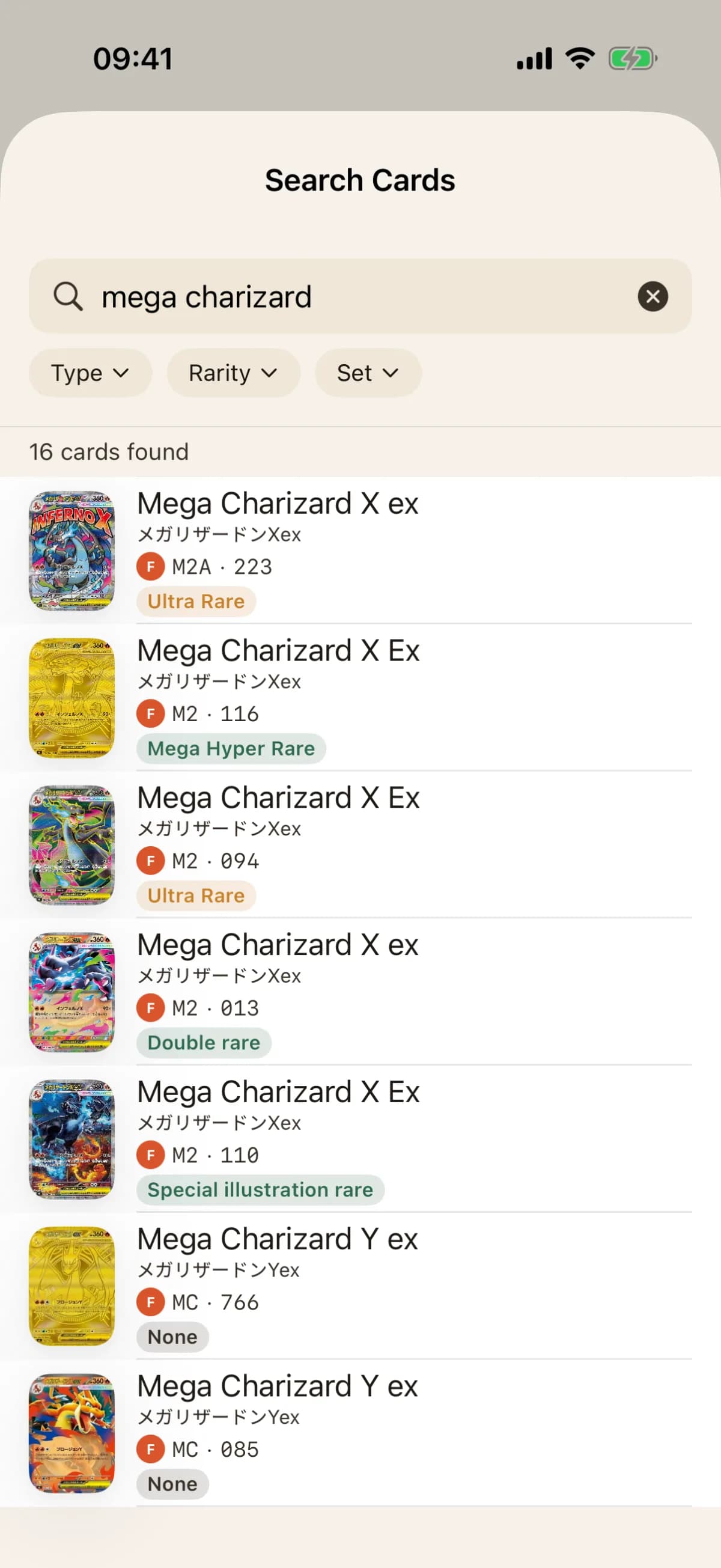 FoilVault card search for mega charizard, listing English and Japanese printings together